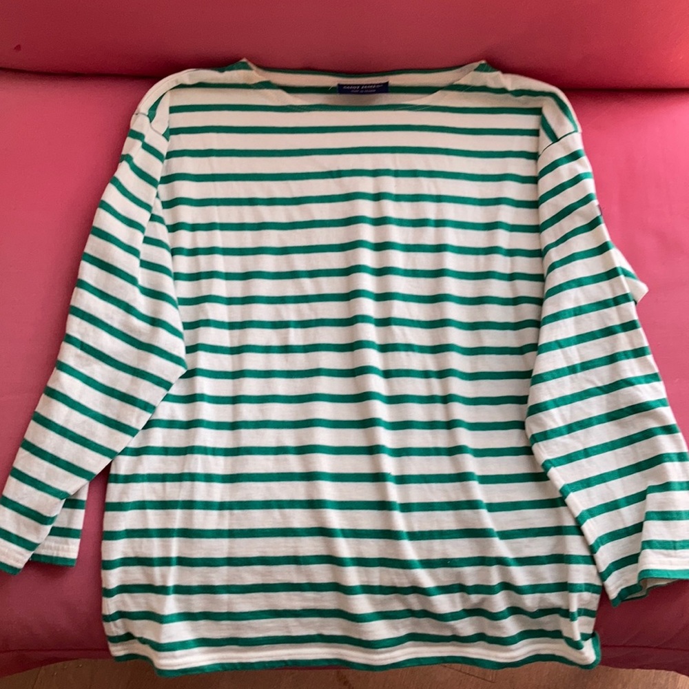 Saint James green and white striped shirt